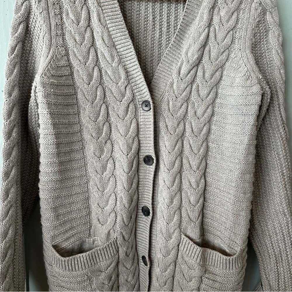 Gray Cable Knit Wool Cotton Blend Cardigan Sweater Size Small Oversized - Picture 4 of 10